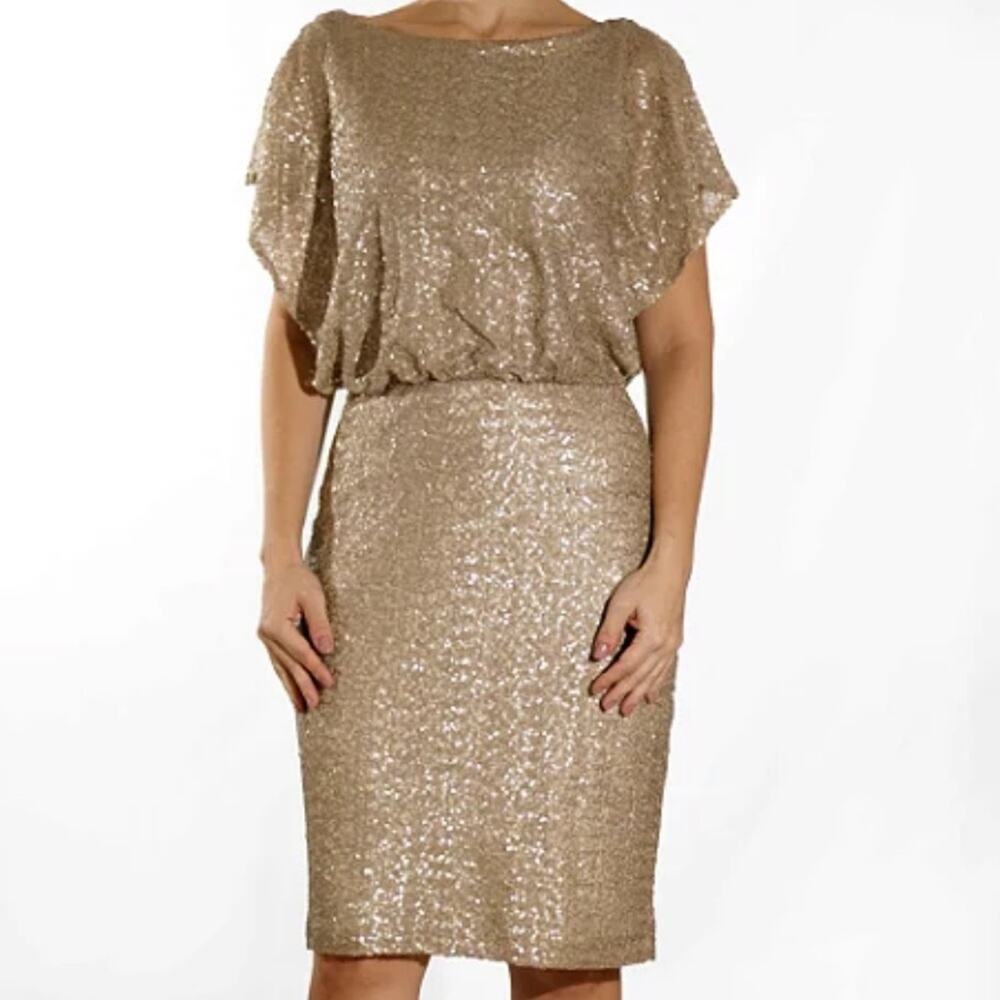 Ralph Lauren Vintage Midi Flutter Sleeve Champagne Beige Gold Sequin Dress 14 - Picture 8 of 8